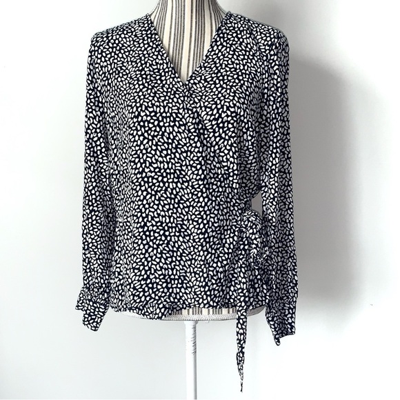 Talbots Leopard Print Faux Wrap Blouse Womens Petite‎ Large Black White Tie work - Picture 1 of 10